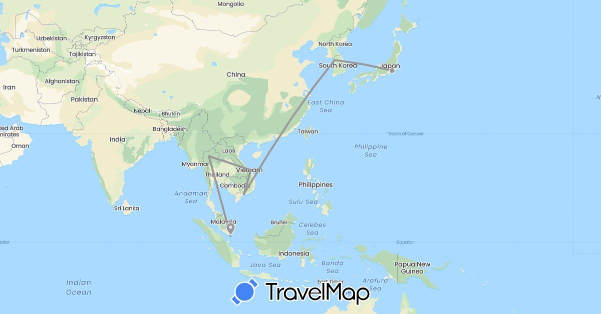 TravelMap itinerary: plane in Japan, South Korea, Singapore, Thailand, Vietnam (Asia)